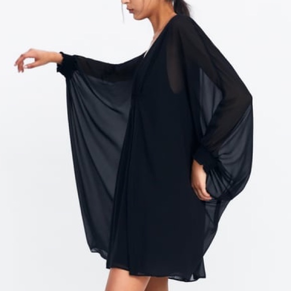 Zara Black V-Neck Cape Style Gathered Flowy Dress - Picture 5 of 14
